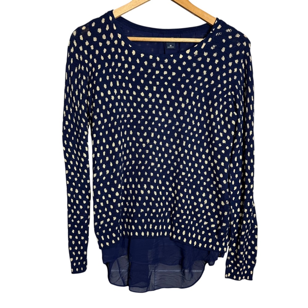 Lucky Brand Navy Blue Polka Dot‎ Sheer Hem Sweater Women's Preppy indie sleeze M